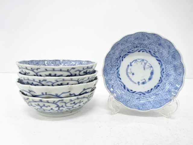 古伊万里　みじん染付　唐草　なます皿　5客揃